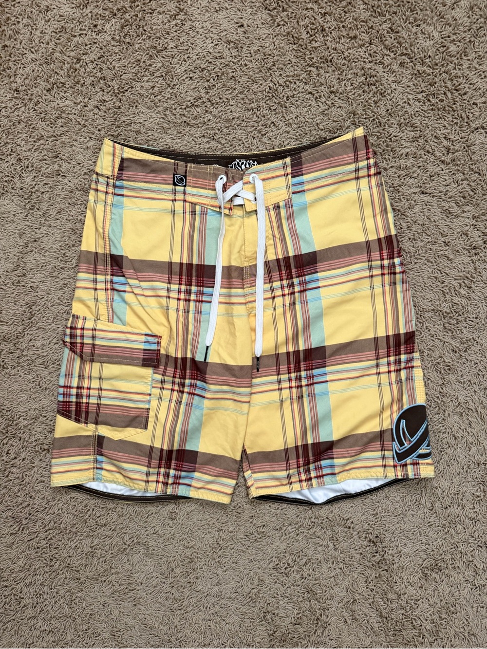 Vintage Y2K Lost Enterprises Board Shorts Mens 31 Yellow Brown Plaid Surf